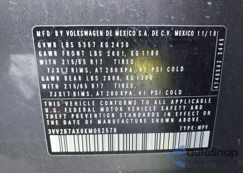 2019 Volkswagen Tiguan 2.0T Se/2.0T Sel/2.0T Sel R-Line/2.0T Sel R-Line Black z USA, uszkodzony, nr VIN 3VV2B7AX6KM052578